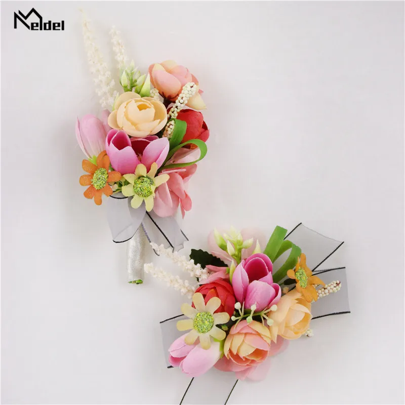 Meldel Hochzeit Bouton Corsage Pins für Männer Brautjungfern Handgelenk Armband Groomsmen Boutonniere Prom Anzug Ehe Zubehör