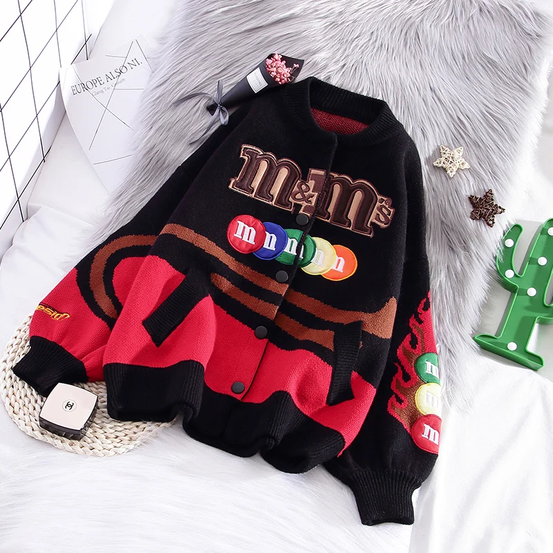 Womens Street Sweater Cardigan Harajuku Funny Cartoon Beans Embroidery Loose Knitted Sweaters Casual Hip Hop Jacket Autumn