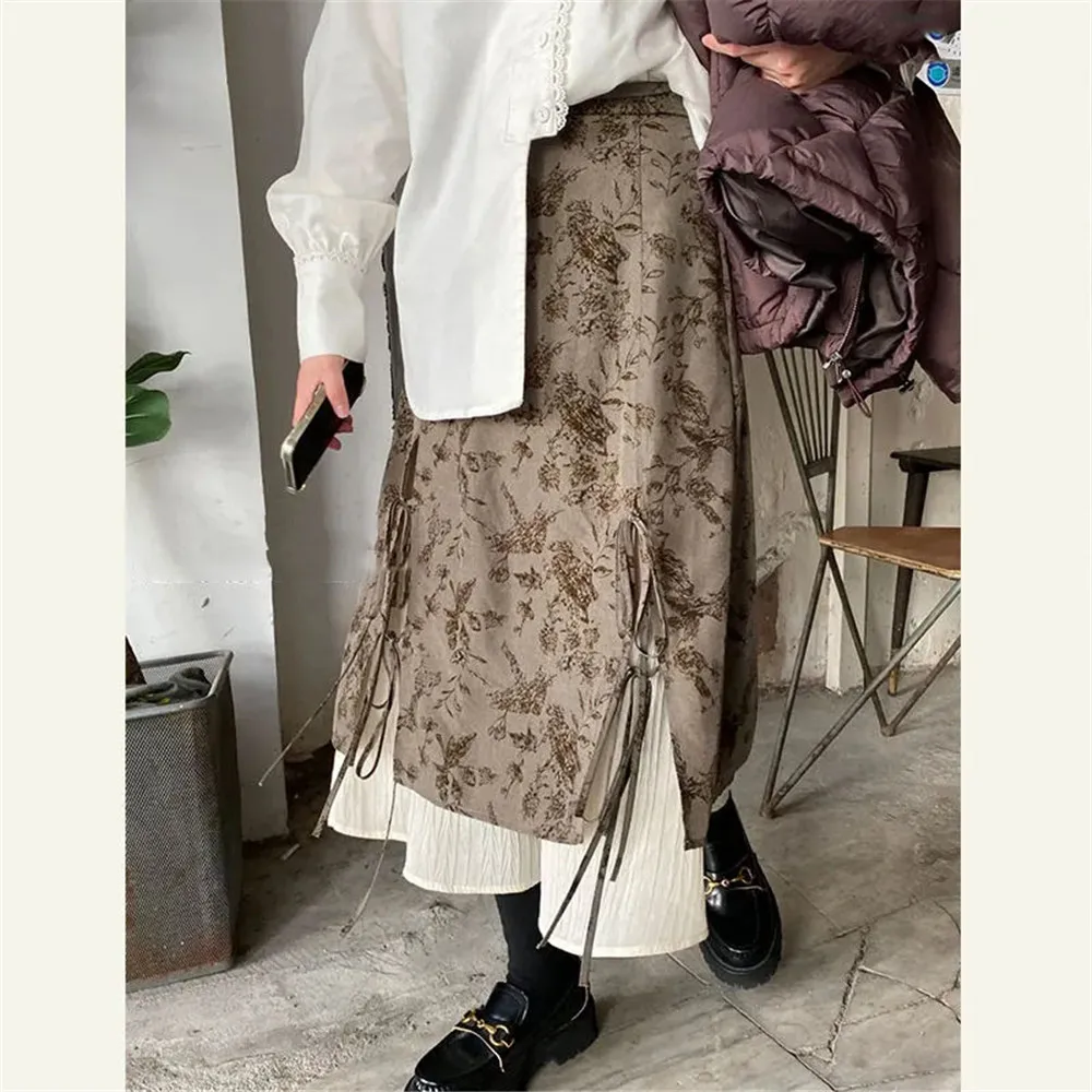 French Vintage Stitching Irregular Long Skirt Female Autumn Winter High Waist Loose Mid-Length Skirt Women Lace Up Pleated Skirt