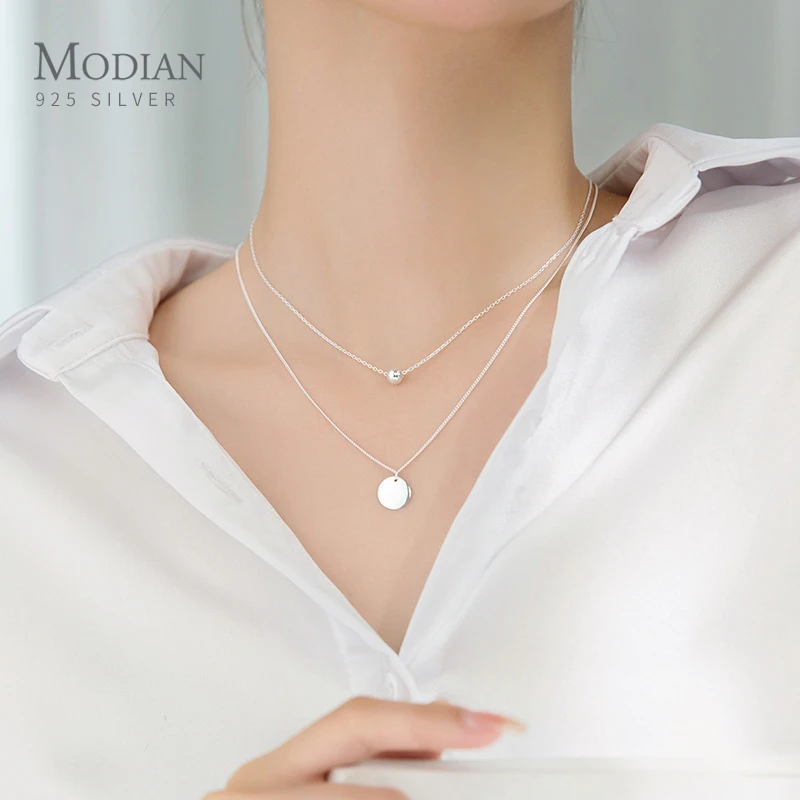 Modian Simple Design Beads Ball Coin 925 Sterling Silver Pendant for Women Girl Double Layer Basic Chain Necklace Fine Jewelry