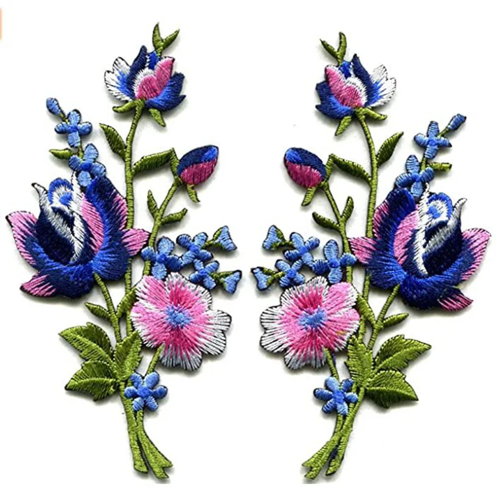 1 Pair Pink blue Roses Pair Flowers Floral Bouquet Boho Embroidered Appliques Iron-on Patches New