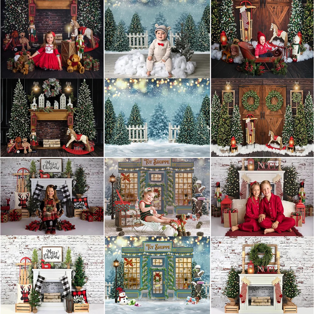 Christmas Photography Background Chirstmas Tree Fireplace Backdrop Party Children Portrait Photo Decoration Props Banner Studio