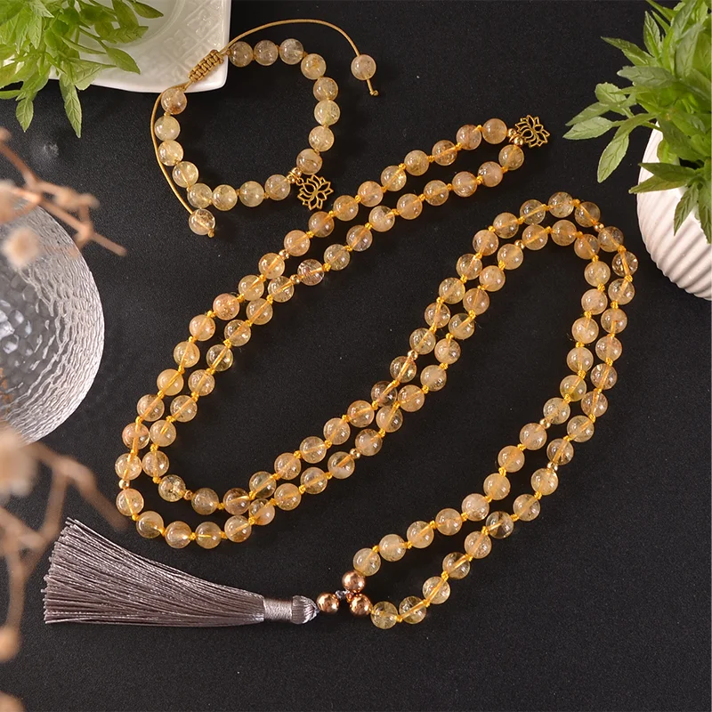 8mm Natural Citrine 108 Mala Beads Necklace Meditation Yoga Blessing  Jewelry Japamala Set for Women and Men