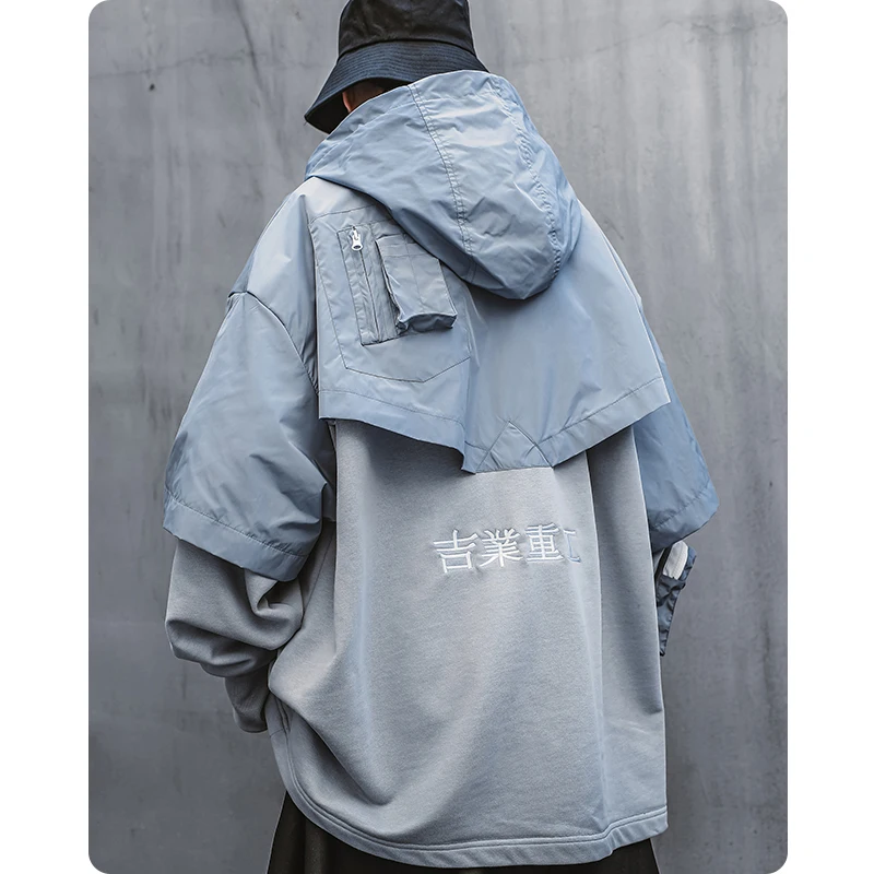 Men\'s clothes Harajuku streetwear oversized Hiphop spring shawl sweater fake two black function loose solid hoodies lover hooded