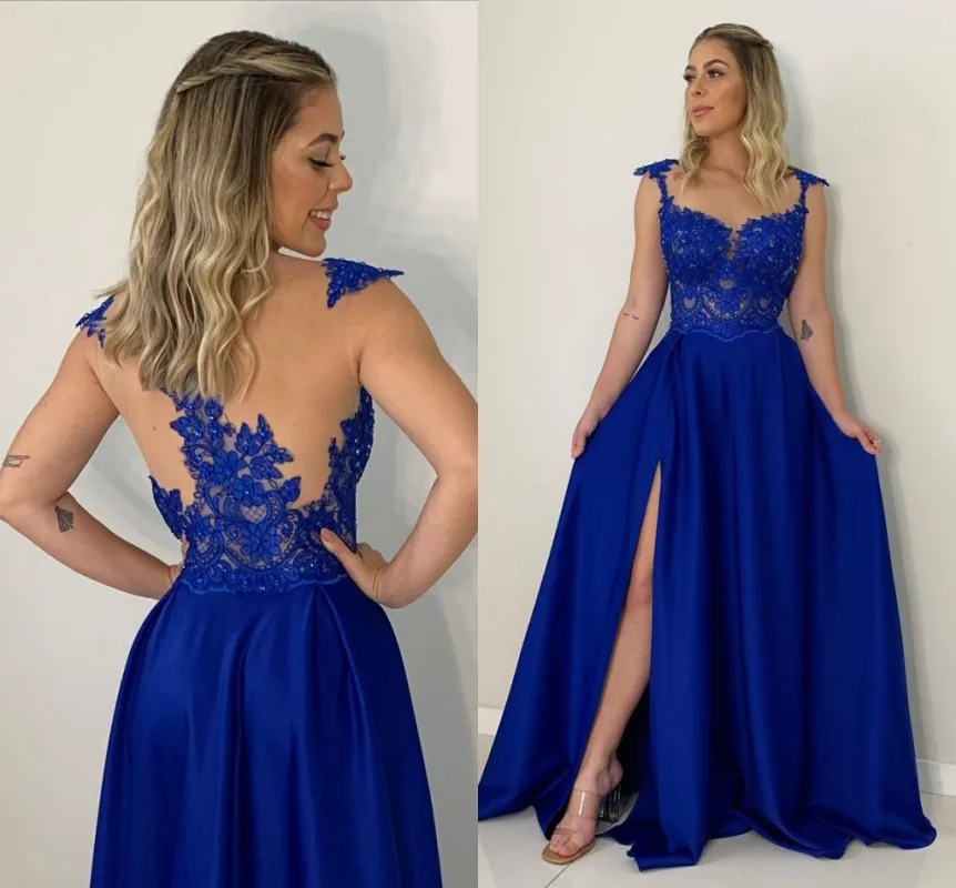 

Royal Blue Satin Formal Evening Dresses Side Slit Scoop Sheer Appliques Lace Prom Party Gowns Vestidos De Fiesta Formales