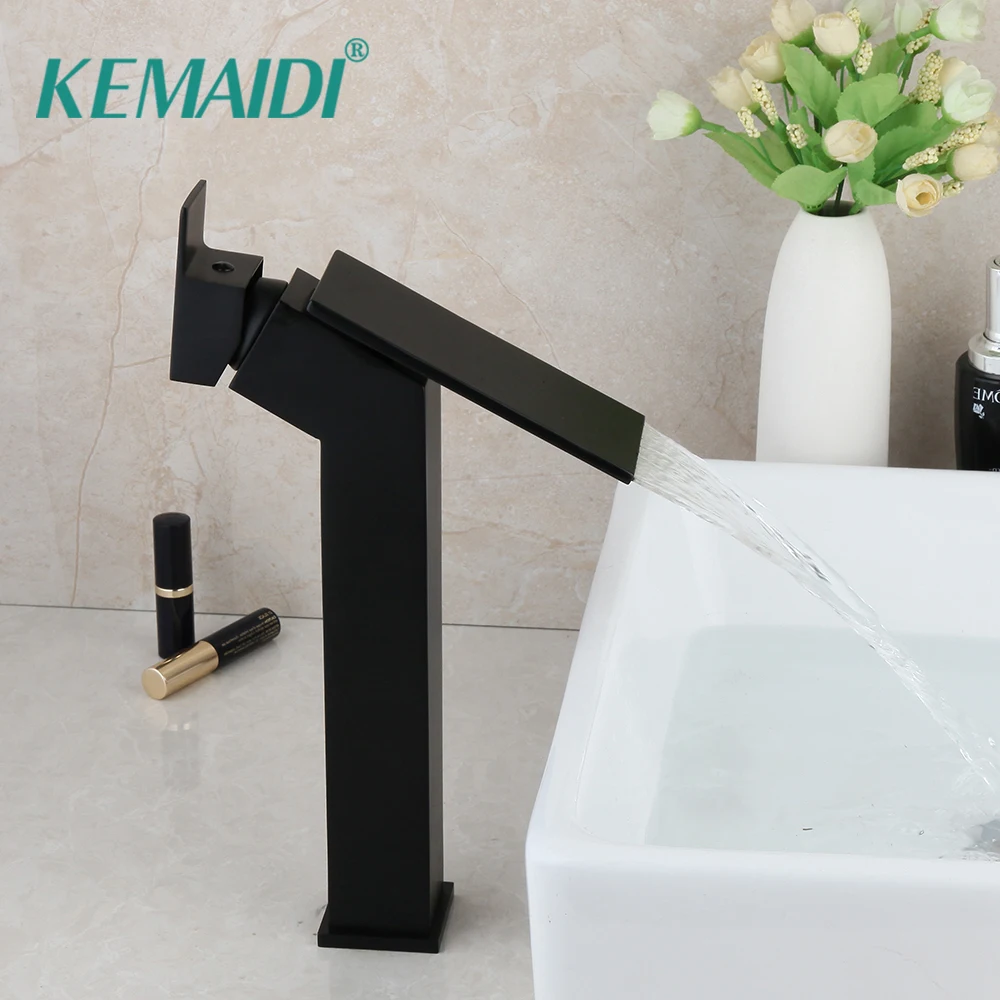 

KEMAIDI New Design Waterfall Counter Top Water Mixer Tap Solid Brass Wash Basin Sink Faucet Matte Black Bathroom Basin Faucet