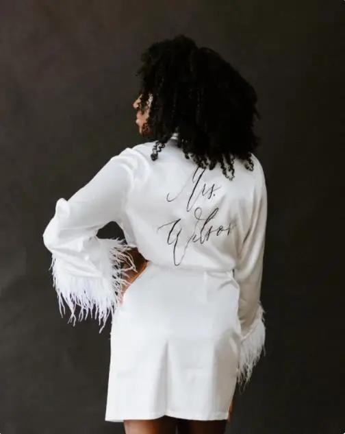 Custom Bride Robe Customize Bride With Feather Dressing Gown Personalise Mrs White Women's Kimono Robes Wedding Kimono For Woman