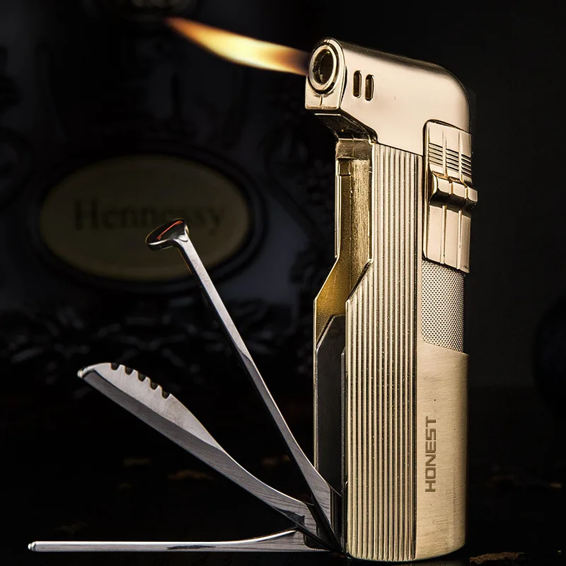 Honest Creative Tobacco Pipe Lighter Retro Oblique Fire Open Flame Torch Gas Lighter Men Smoking Pipe Cigar Lighter Gift for Men