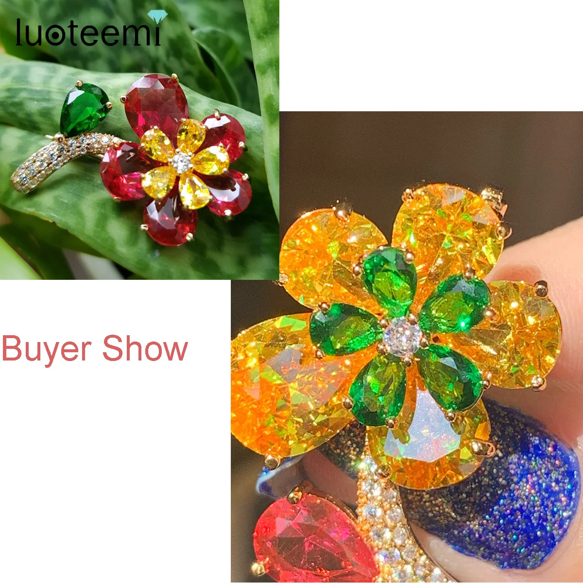 LUOTEEMI Luxury Big Red Yellow Flower Brooch for Women Multicolor Cubic Zircon Bridal Wedding Dress Accessories Christmas Gifts