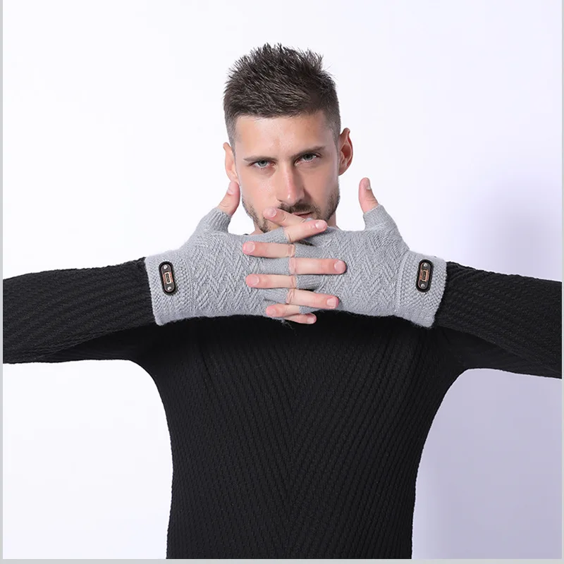 Fashion Winter Acrylic Wool Plus Plush Thick Jacquard Knit Warm Half Finger Mittens Men Full Finger Touch Screen Gloves C2