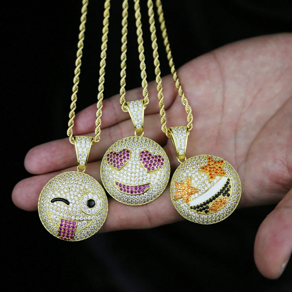 Gold Silver Color CZ Funny Face Pendant Necklace Iced Out Cubic Zirco Star Heart Smile Charm Necklaces Men Women Hip Hop Jewelry view 4