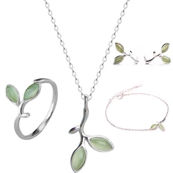REETI Boho Fashion Opal Jewelry Sets 925 Sterling Silver green leaves Necklaces Charm Bracelet Ring for Women Statement Jewelry