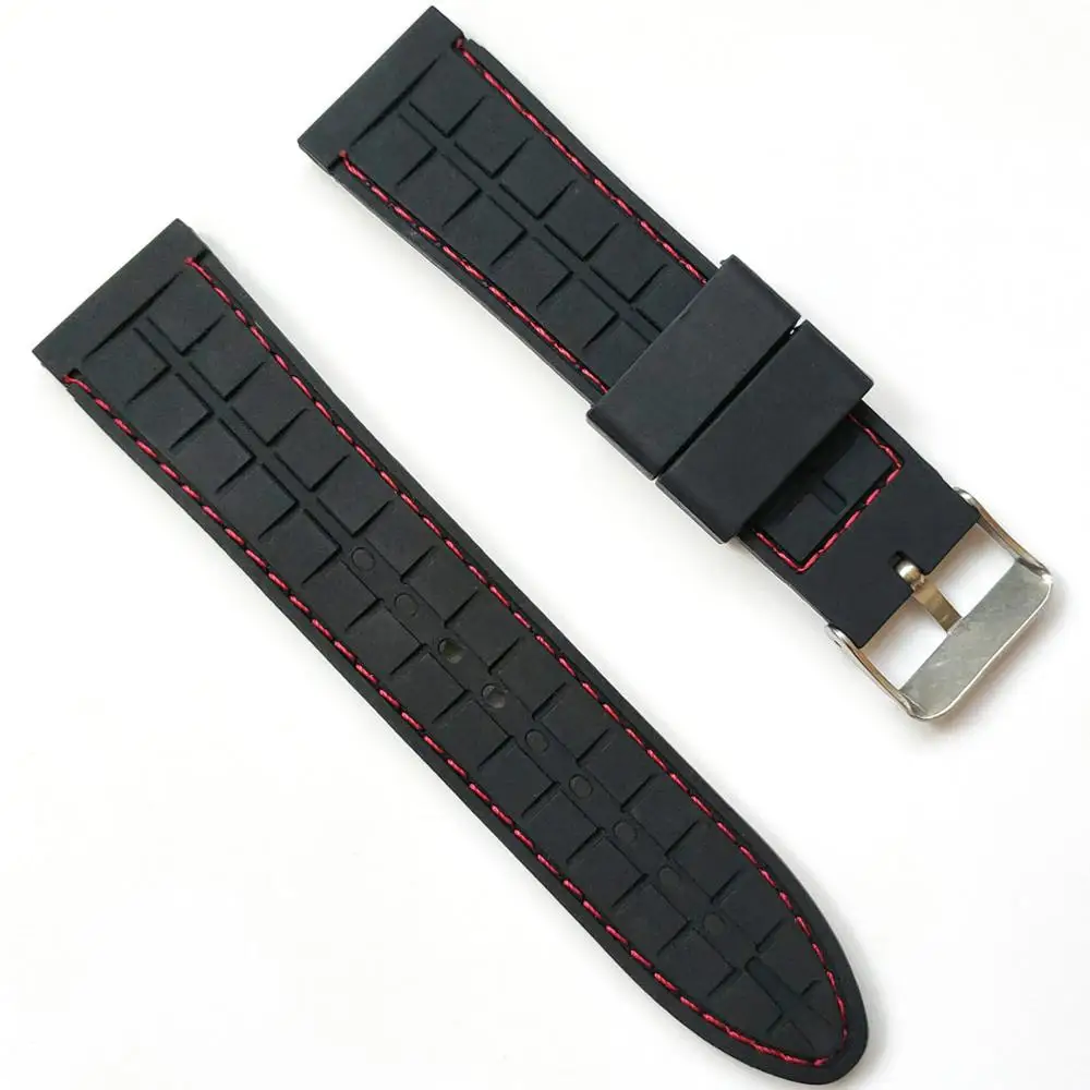 18mm 20mm 22mm 24mm Stitching Silicone Rubber Watch Band Soft Black Contrast Stitched Strap for Fashion Casual Watches