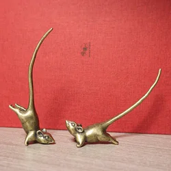 Vintage Brass Long Tail Zodiac Mouse Statue Desktop Ornaments Cute Rat Miniatures Figurines Paperweight Decoration Mice Tea Pets