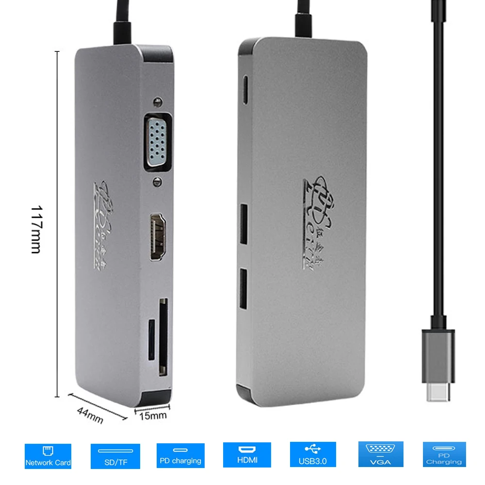 USB C HUB Per USB3.0 HDMI VGA RJ45 Gigabit Ethernet SD/TF PD Adattatore di carica USB C docking station tipo c convertitore hub 8 in 1