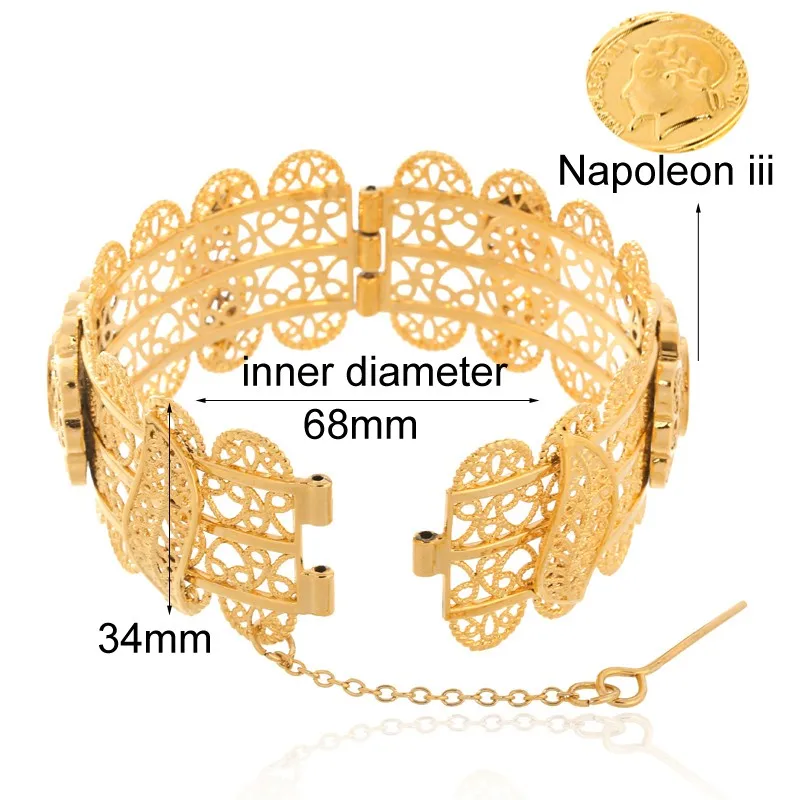 Napoleon iii Coins Bangle Big Chunky Bangle for Women Gold Color French Wide Bracelets Ethiopian /Middle East Style B20