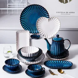 Japanese Retro Kiln Glazed Bowls, Dishes and Tableware Set Creative Ceramic Plate Steak Western Plate Dinner Plates Ceramic