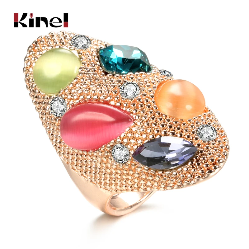 Kinel Fashion Colorful Opal Stone Big Ring For Women 585 Rose Gold Vintage Wedding Jewelry Party Crystal Gift Ring Drop Shipping