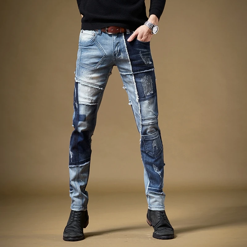 Free Shipping New men's male denim jeans Autumn winter American street trends personality stitching boys casual pants 98% cotton