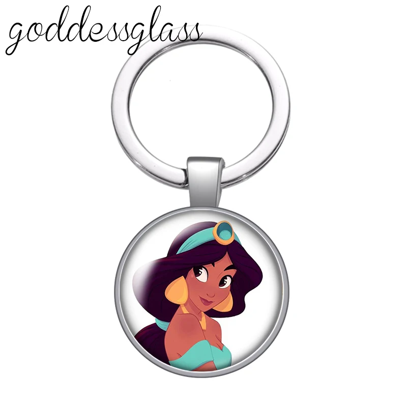 Princesses jasmine merida Mulan pochahontas glass cabochon keychain Bag Car key chain Ring Holder Charms keychains for Kids gift