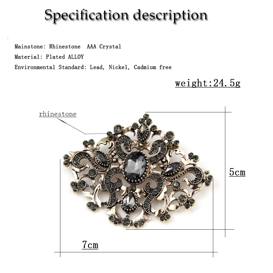 Sunspicems Retro Vintage Gray Crystal Turkish Brooch For Women Flower Bohemia Jewelry Antique Gold Color Ottoman Wedding Bijoux