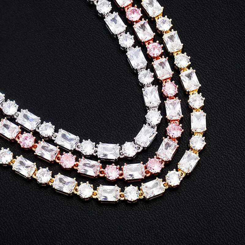 

6mm Hip Hop 1 Row Round and Square Cubic Zirconia Stone Iced Out Bling Tennis Chain Necklace For Men Women Rapper Jewelry Gifts
