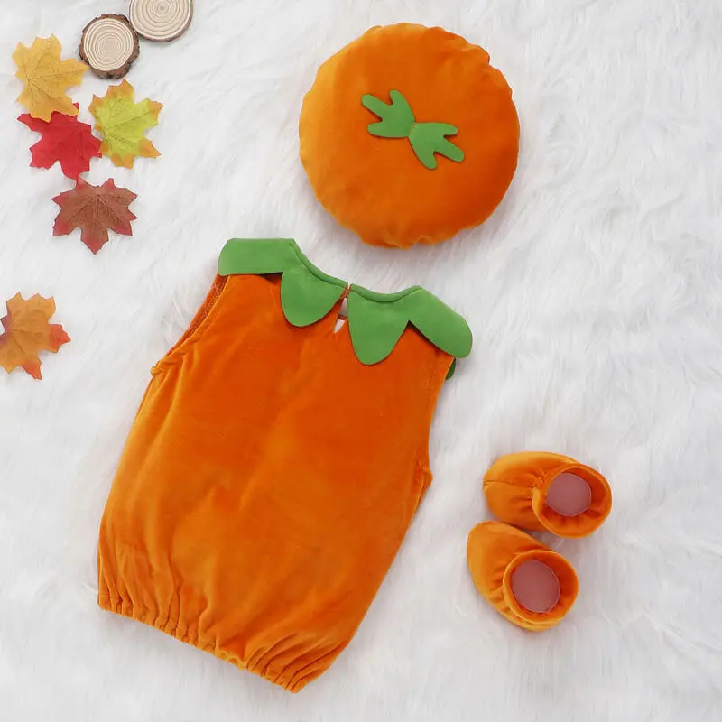 PUDCOCO Cosplay Halloween Baby Kids Pumpkin Suit Top Blouse Dress Romper Jumpsuit+Hat+Shoes  Party Fancy Costumes 3PCS 0-3T