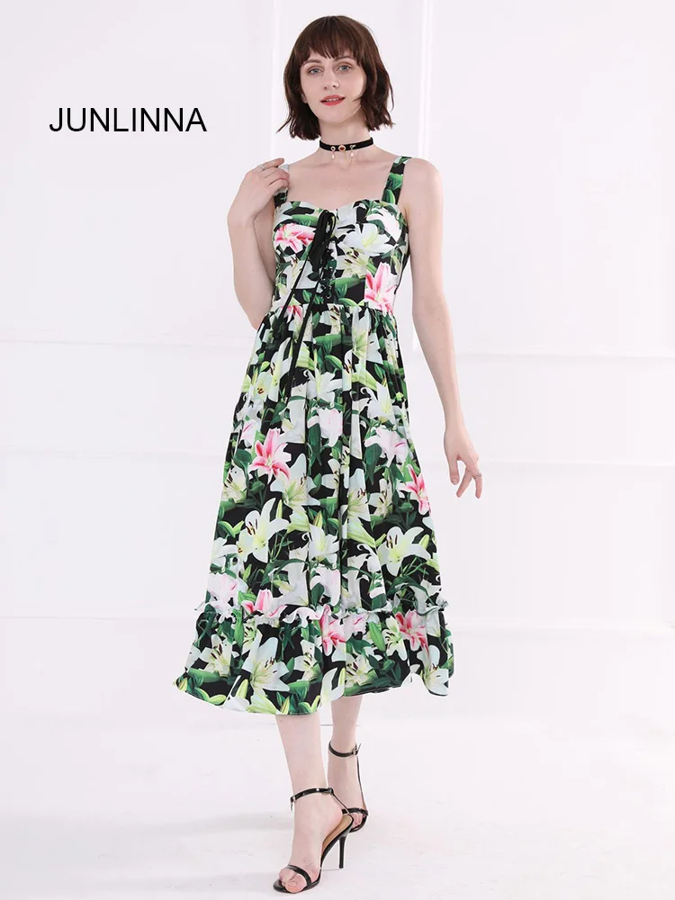 

JUNLINNA Silk Blending Dress Summer New Women Beach Holiday Printing Sliming Vestidos Sexy Camisole