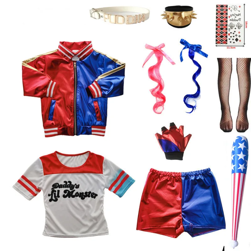 Disfraz de Harley Suicide para niños y niñas, camiseta de Halloween, chaqueta brazalete, cinturón, ropa de fiesta de navidad