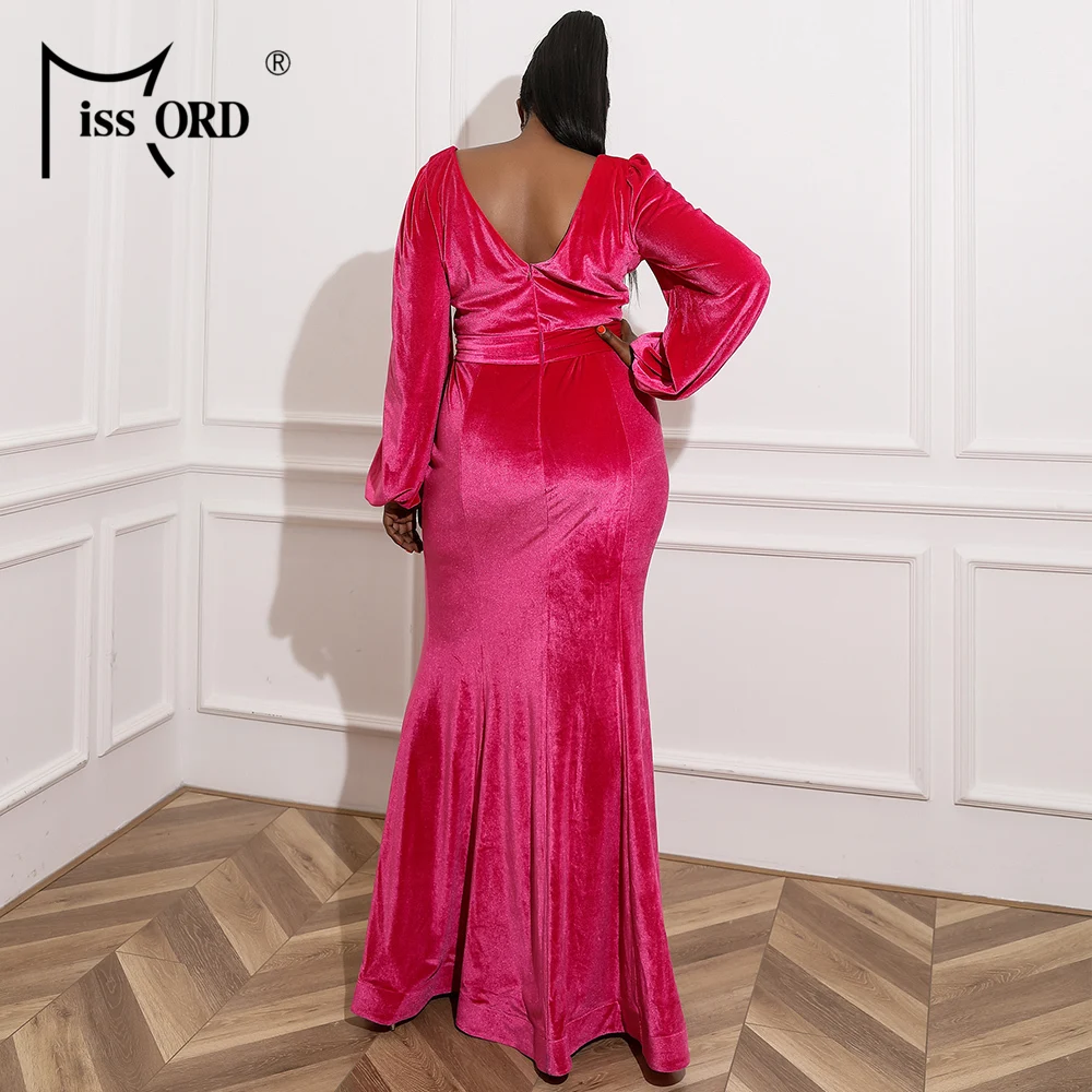 Missord Pink Velvet Plus Size Long Evening Dresses Women Elegant Square Collar Lantern Sleeves Belted Party Prom Mermaid Dress