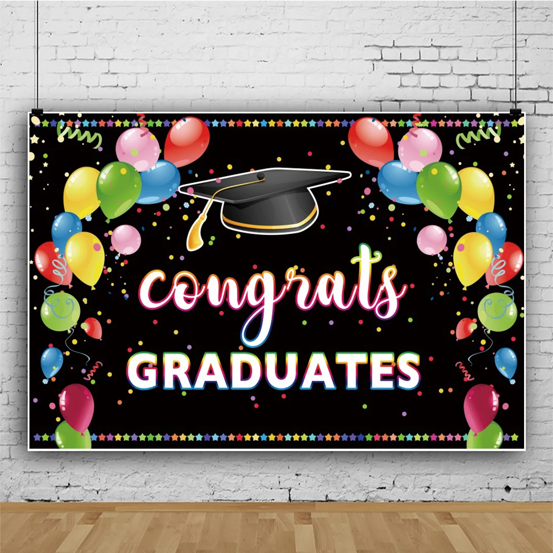 Laeacco Congratulations Grade Bachelor Cap Colored Balloons Black Backdrop For Photography Personalized Poster Photo Background