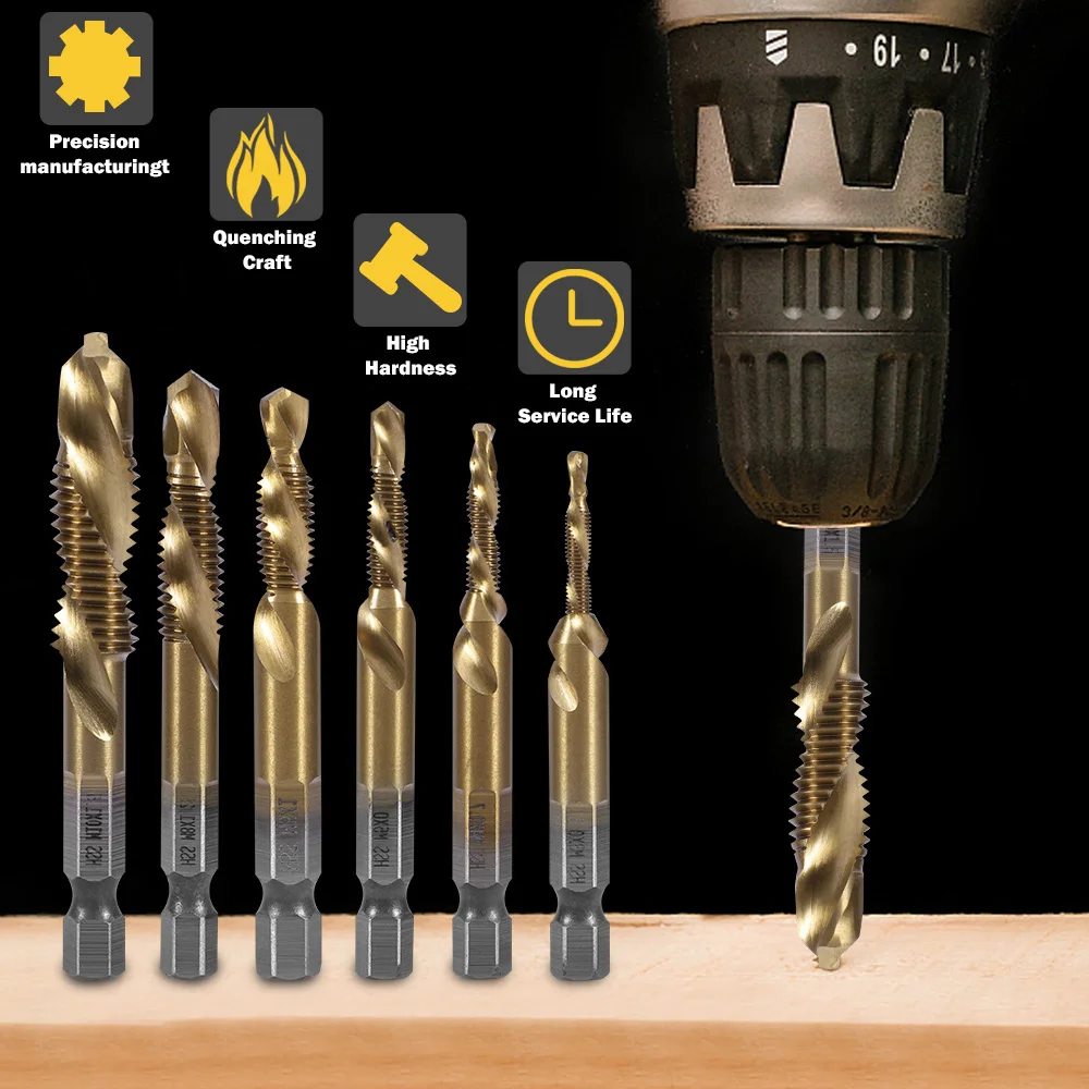6PCS Metric Thread Tap Drill Bits m3 m4 m5 m6 m8 m10 Hex Shank Hss Wood Drilling Tapping Cutting Metal Drill Bit 5.4-5.8cm Long