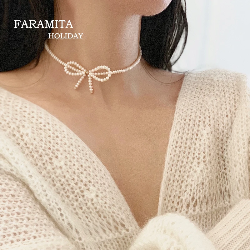 Faramita Holiday Women Ladies Girls Choker Necklace Vintage Rosette Retro Natural Pearl Torque White Handmade Fahionable Mini