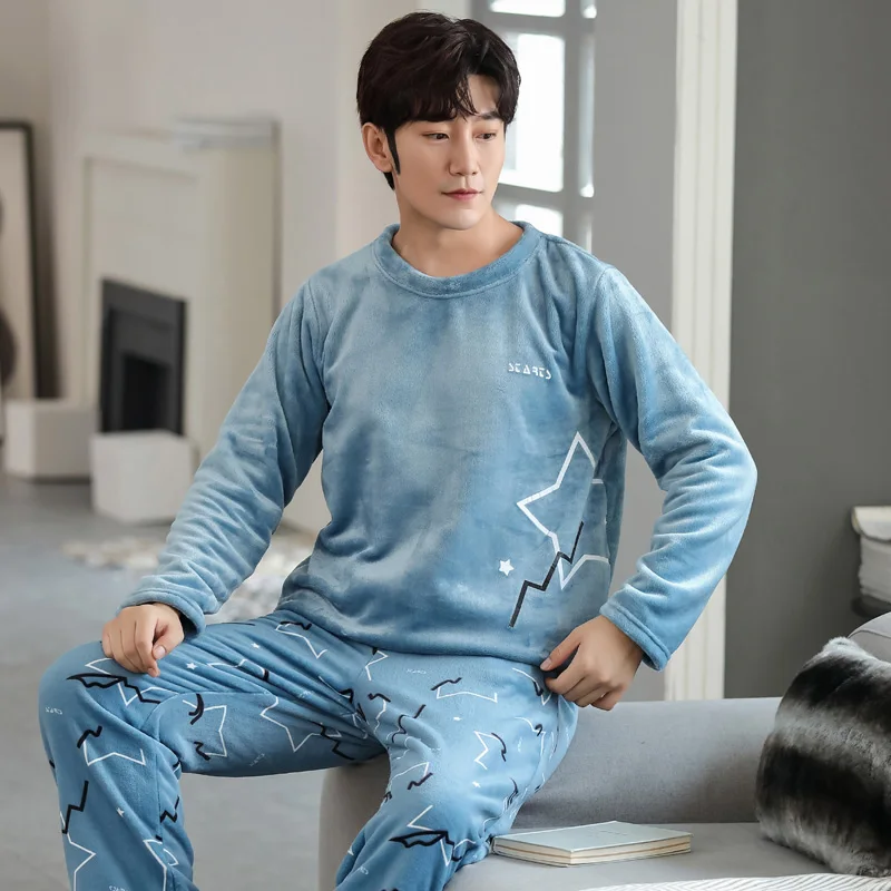 Winter Thick Warm Men Coral Fleece Sleepwear Set Long Sleeve Round Neck Casual Soft Male Homewear