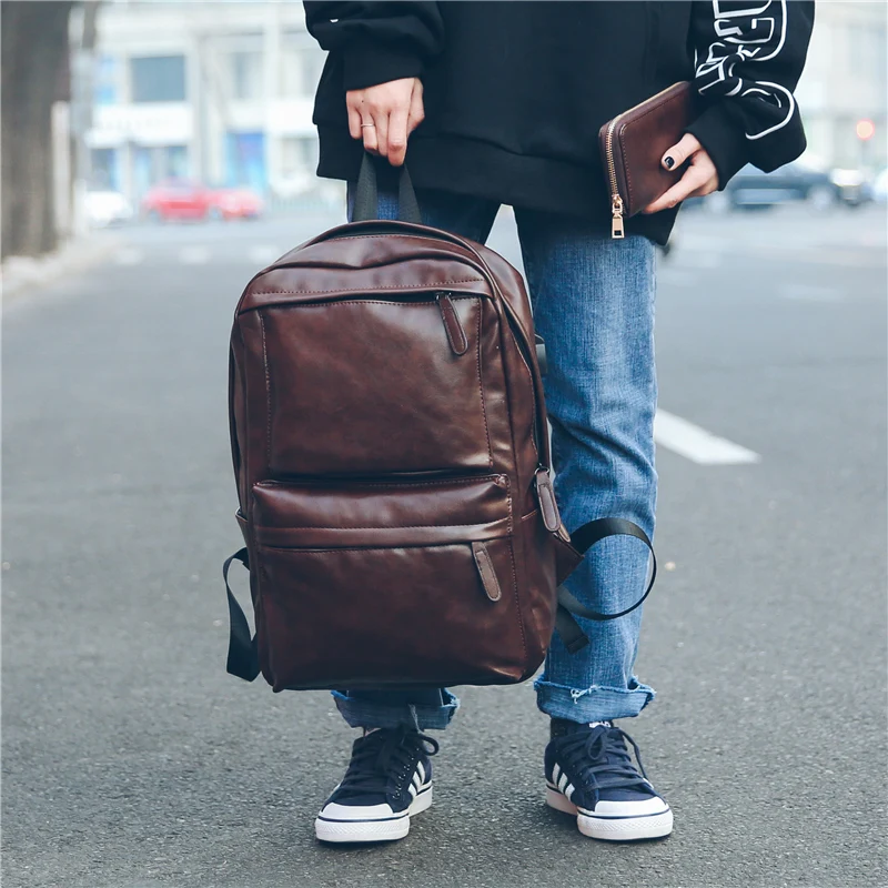 Business Casual Backpacks Travel 2 Bags Black Pu Leather Men\'s Shoulder Bags Teenage Backpack Men Usb Charging Anti Theft