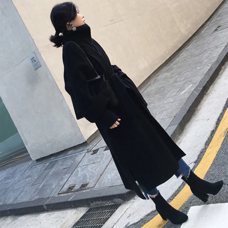 Novel Spring Cashmere Coat Winter Silhouette Black Woolen Long Jacket Overize Loose Over Knee  Jacket Women