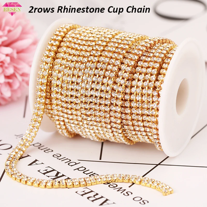 RESEN 2rows Gold Claw Crystal Rhinestone Cup Chain Glass Cup Chain 2rows Chains Wedding Dress Decoration Trim Applique