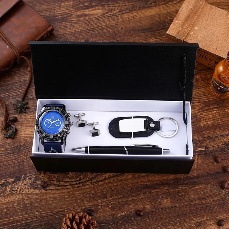 Men Simple Gift Set Fashion Man Quartz Watch Cufflinks Ballpoint Pen Keychain Birthday Present Gift Box Sets for Mens Fathers