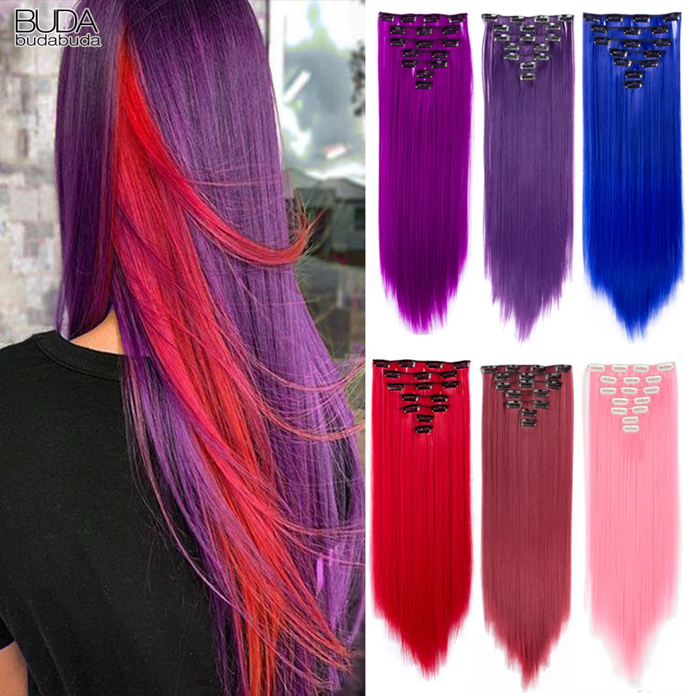 22นิ้ว16คลิปตรงยาวสังเคราะห์คลิปในอุณหภูมิสูงสีดำสีน้ำตาล Ombre Hairpiece BUDABUDA