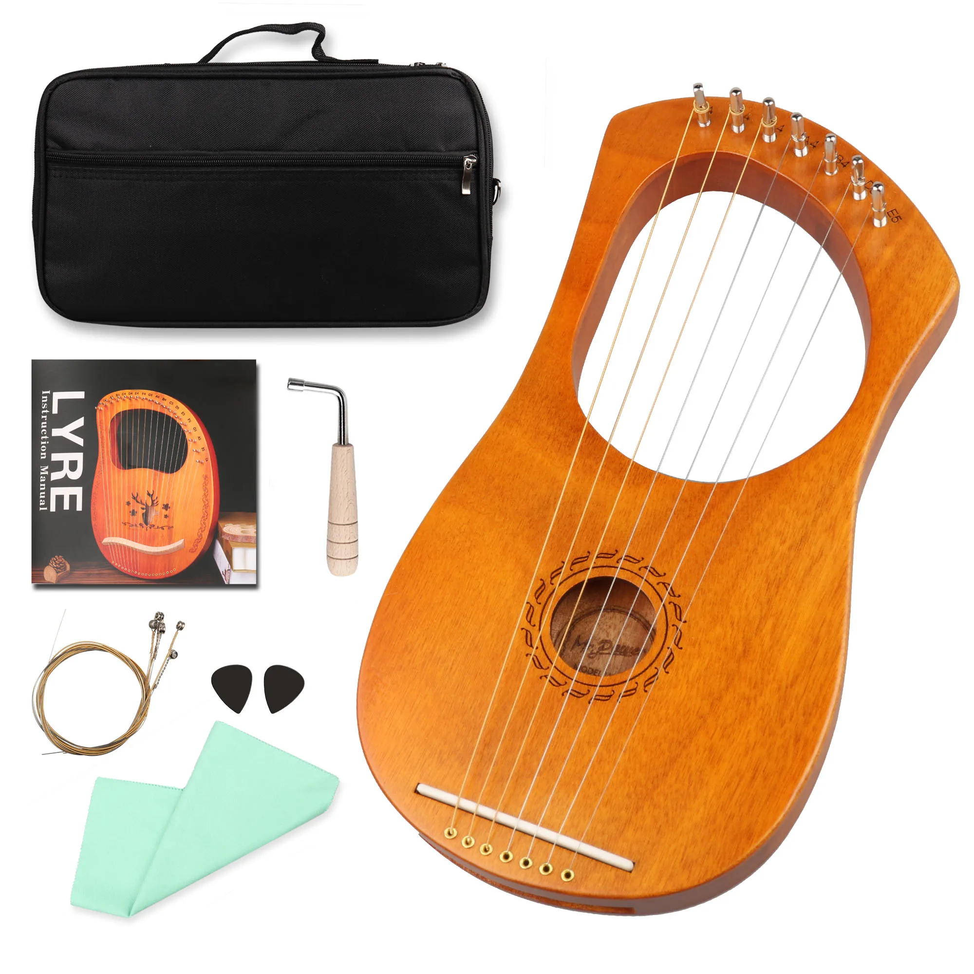 

7 Steel Strings Wooden Lyre Harp Ancient Greece Style Lyre with Tuning Wrench Extra String Set and Gig Bag For Beginners gift