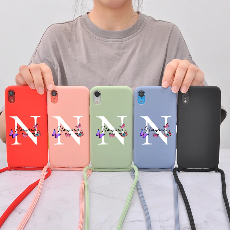 

DIY Butterfly series Name phone case iPhone 11 7 8 Plus X XR XS Max 12 brand New Original Liquid Silicone Case lanyard Strap