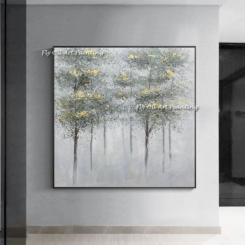 100% Hand‑Painted Misty Woodland Landscape Oil Art, Silver Grey Gold Leaf Textured Canvas Wall Decor
