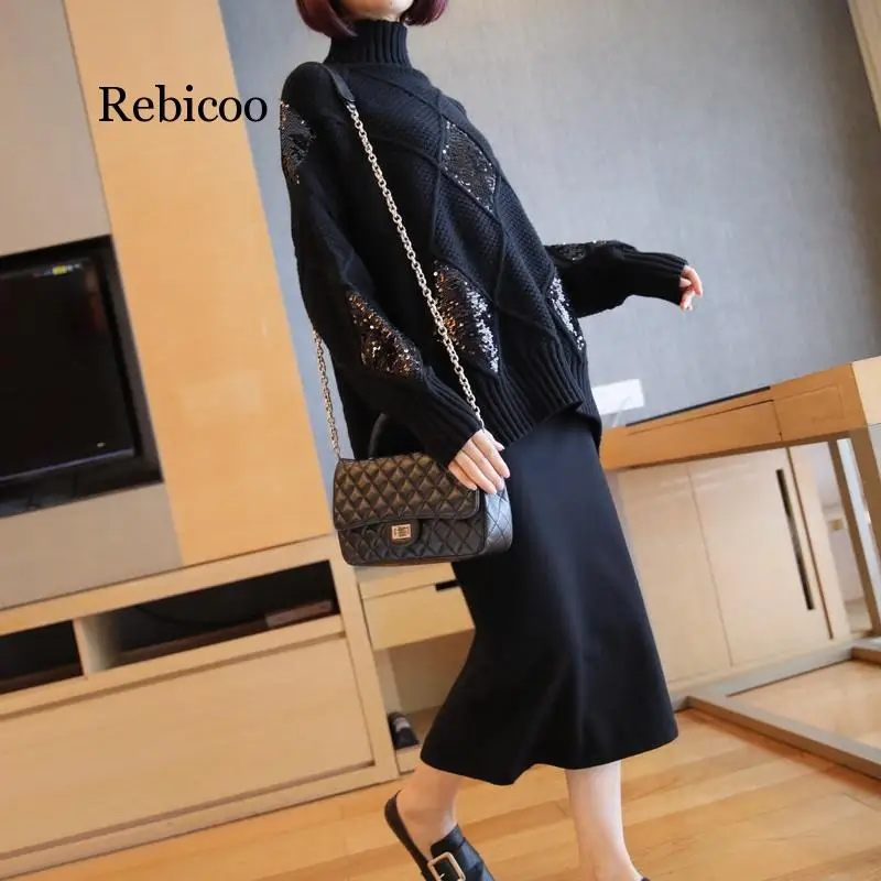 

Thickened Lazy Wind Turtleneck Ladies Korean Sequin Autumn and Winter Pullover Loose Black Long Sleeve Joker sweater