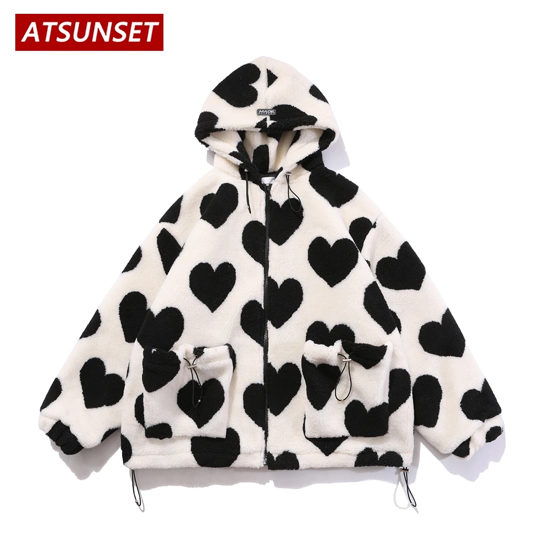 ATSUNSET Cute Heart Shaped Print Lambswool Hooded Cotton Coat Thick Warm Harajuku Winter Jacket  High Street Couple Streetwear