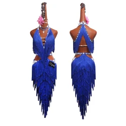 Latin Dance Dress Competition Costumes Skirt Performing Dresses Rhinestones Customize Size Royal Blue Fringed  Embroidered