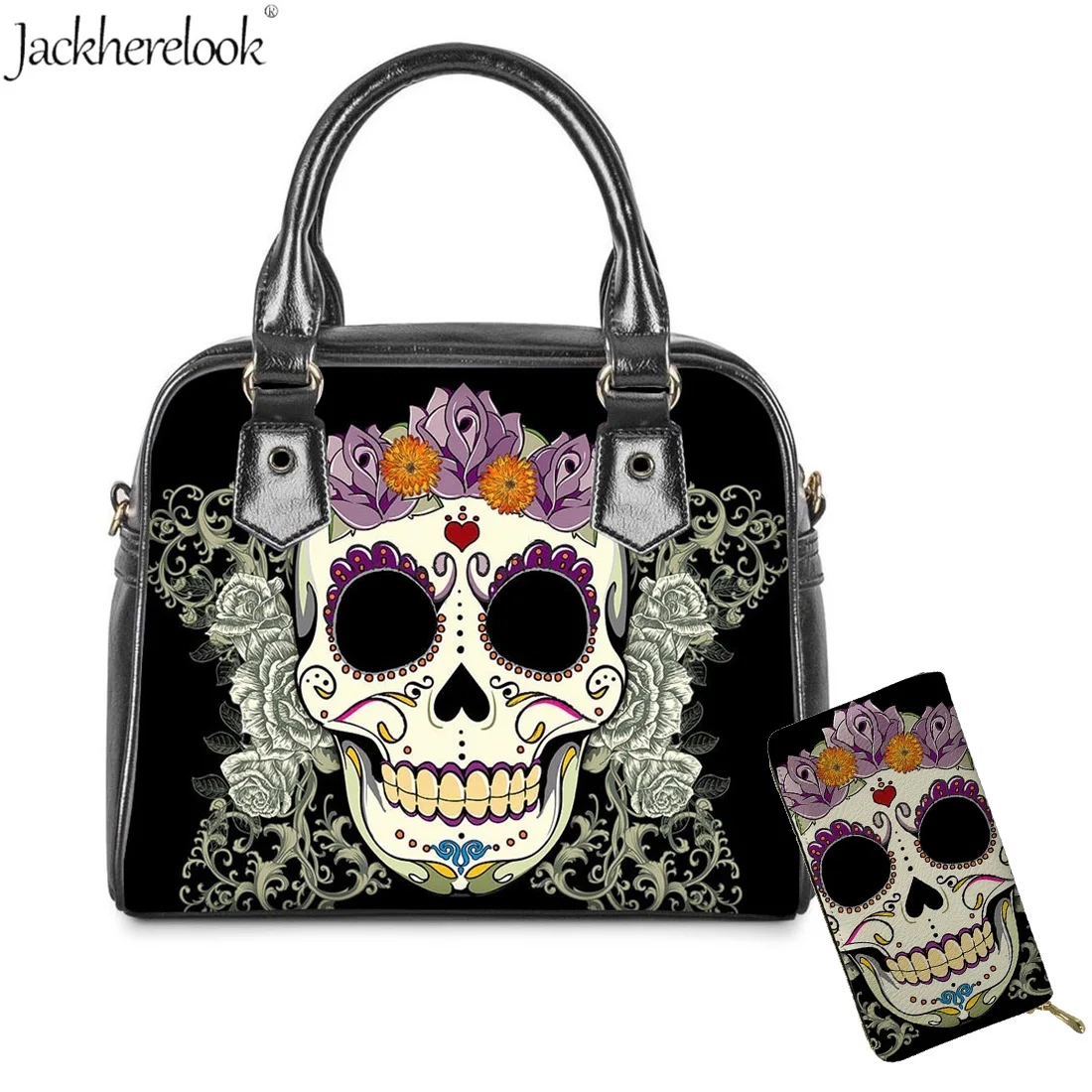 

Jackherelook 2PCS Sugar Skull Leather Handbag Purse Floral and Skull Shoulder Bag Portable Travel Clutch Purse Messenger Bags