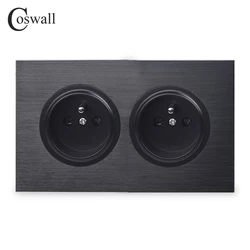 Coswall Black / Silver Gray Aluminum Panel Double French Polish Wall Socket Grounded With Children Protective Door