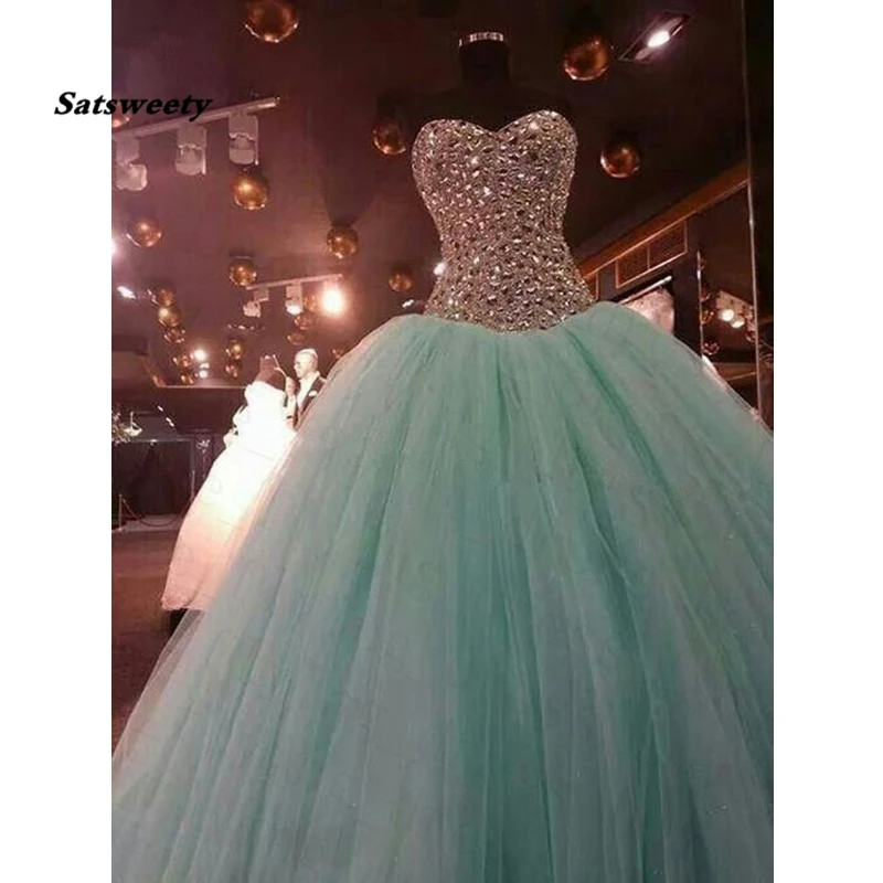 Vestido de baile rosa de quinceañera, traje de tul con escote Corazón, Atuendo para baile de graduación, cristal, menta, 15 años