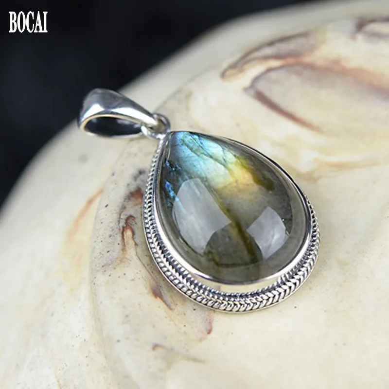 BOCAI NEW S925  Sterling Silver Inlaid Twisted Wire Natural Iabrador  Pendant Female Models Drop-shaped Pendant