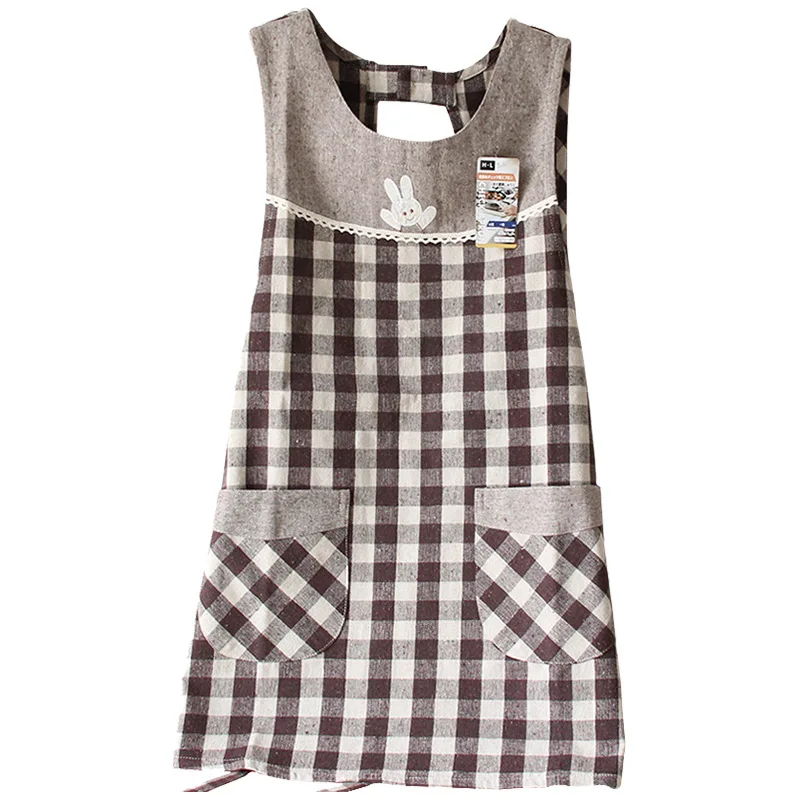 Japanese Plaid Apron Loose Cotton Linen with Pockets Home Daily Kitchen Restaurant Waiter Overalls